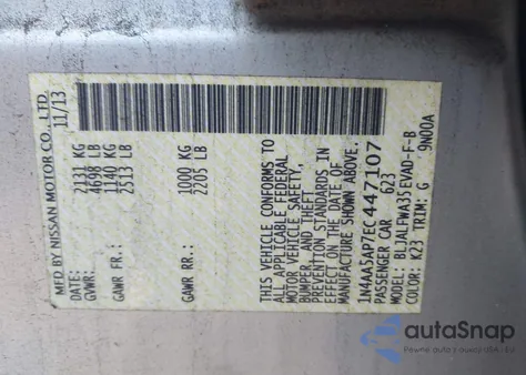 2014 Nissan Maxima 3.5 Sv from USA, damaged, VIN 1N4AA5AP7EC447107